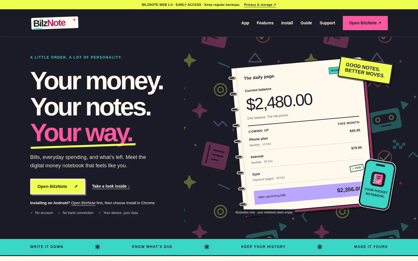 BilzNote real website screenshot from archived Netlify 1.0.0 build